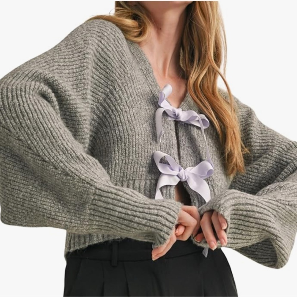 New-  Small  Gray Knit Sweater
Lavender Bow Accents
Night Out-Office 
Oversized